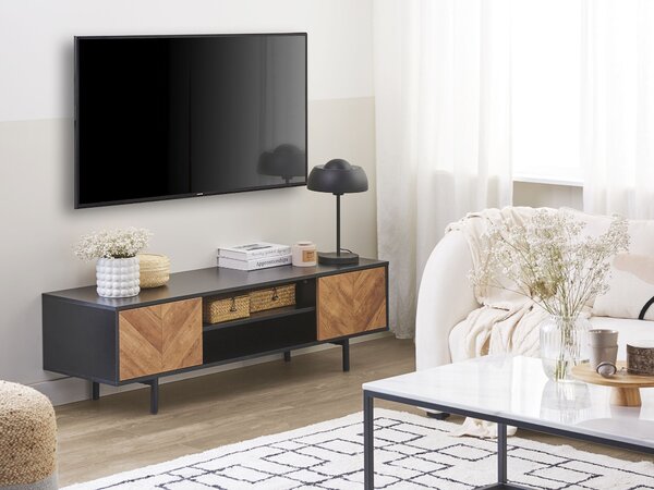 TV stolík čierna so svetlým drevom 140 cm 2 skrinky 2 police industriálny dizajn obývacia izba