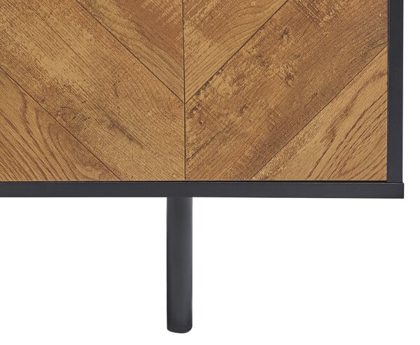 TV stolík čierna so svetlým drevom 140 cm 2 skrinky 2 police industriálny dizajn obývacia izba