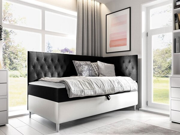 Boxspringová jednolôžková posteľ 90x200 PORFIRO 3 - biela ekokoža / čierna, pravé prevedenie + topper ZDARMA