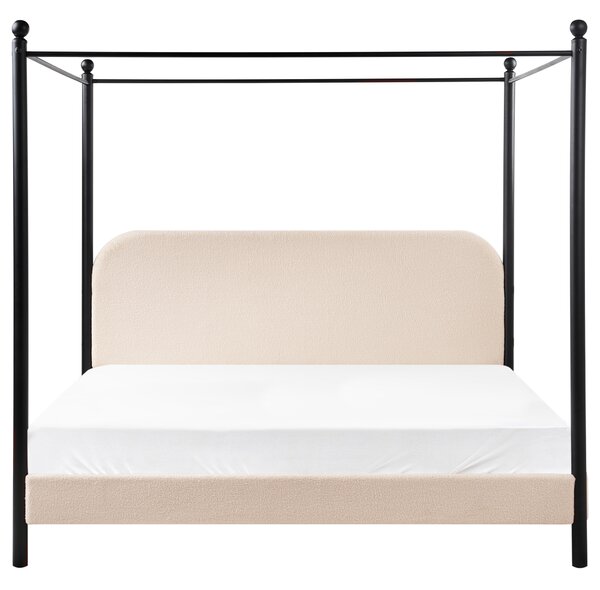 Posteľ s baldachýnom čierny kovový rám béžové buklé čalúnenie 180 x 200 cm retro minimalistický štýl