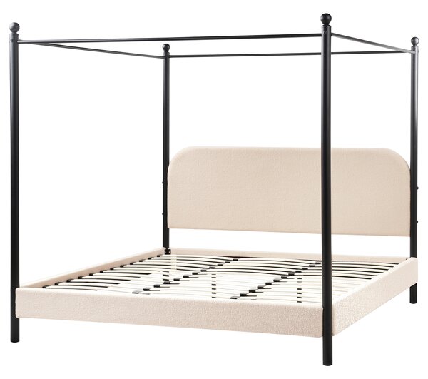 Posteľ s baldachýnom čierny kovový rám béžové buklé čalúnenie 180 x 200 cm retro minimalistický štýl