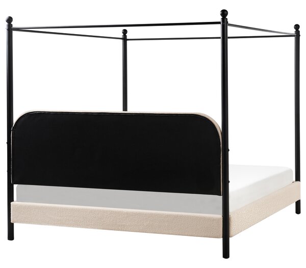 Posteľ s baldachýnom čierny kovový rám béžové buklé čalúnenie 180 x 200 cm retro minimalistický štýl