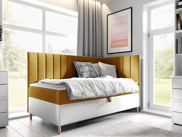 Boxspringová jednolôžková posteľ 90x200 ROCIO 3 - biela ekokoža / žltá, pravé prevedenie + topper ZDARMA