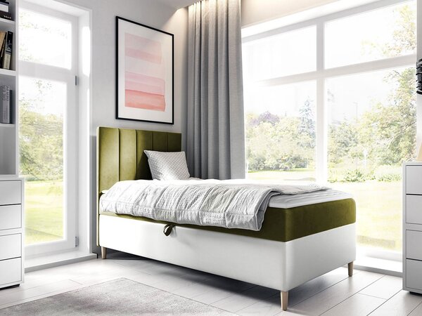 Hotelová jednolôžková posteľ 90x200 ROCIO 1 - biela ekokoža / khaki, pravé prevedenie + topper ZDARMA