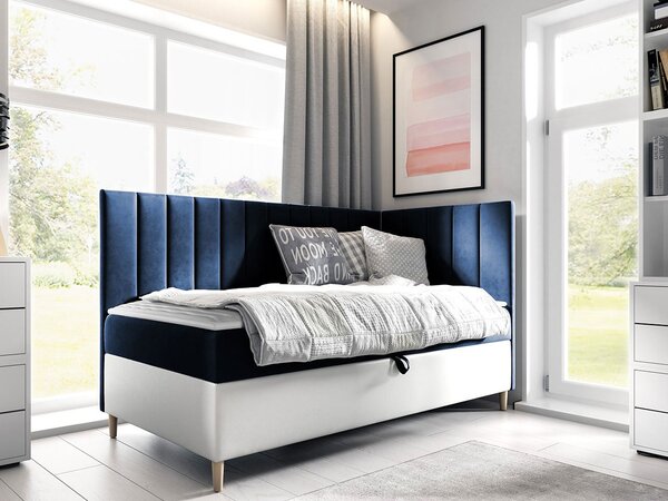 Boxspringová jednolôžková posteľ 100x200 ROCIO 3 - biela ekokoža / modrá 1, pravé prevedenie + topper ZDARMA