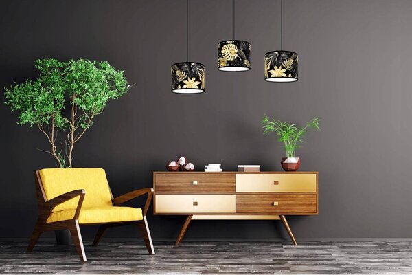 Závesné svietidlo Gold Flowers, 3x čierne textilné tienidlo s kvetinovým vzorom