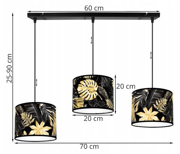 Závesné svietidlo Gold Flowers, 3x čierne textilné tienidlo s kvetinovým vzorom