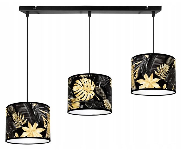 Závesné svietidlo Gold Flowers, 3x čierne textilné tienidlo s kvetinovým vzorom
