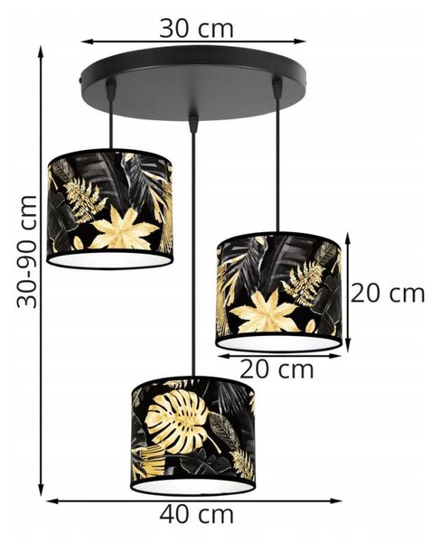 Závesné svietidlo Gold Flowers, 3x čierne textilné tienidlo s kvetinovým vzorom, o