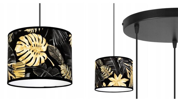 Závesné svietidlo Gold Flowers, 3x čierne textilné tienidlo s kvetinovým vzorom, o