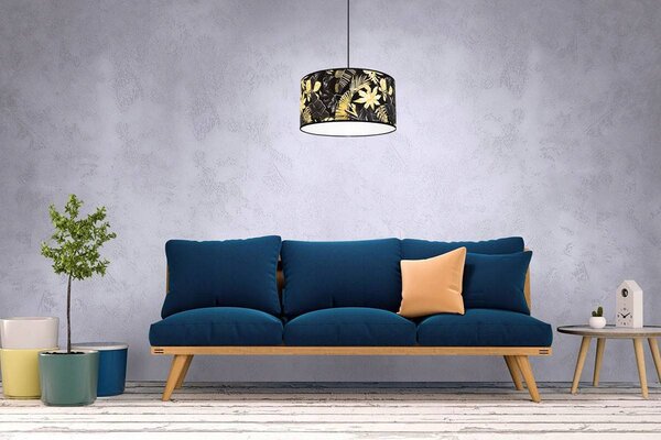 Závesné svietidlo Gold Flowers, 1x čierne textilné tienidlo s kvetinovým vzorom, (fi 40cm)