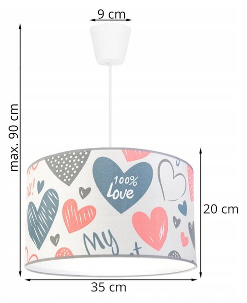 Detské závesné svietidlo Heart, 1x biele textilné tienidlo so vzororm, (výber z 2 farieb konštrukcie), p