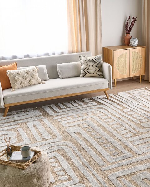 Koberec béžová a sivá polyester 300 x 400 cm geometrický vzor moderný minimalistický štýl obývacia izba spálňa