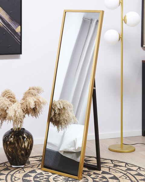 Stojace zrkadlo zlaté obdĺžnikový rám 40 x 140 cm vysoké so stojanom moderný dizajn