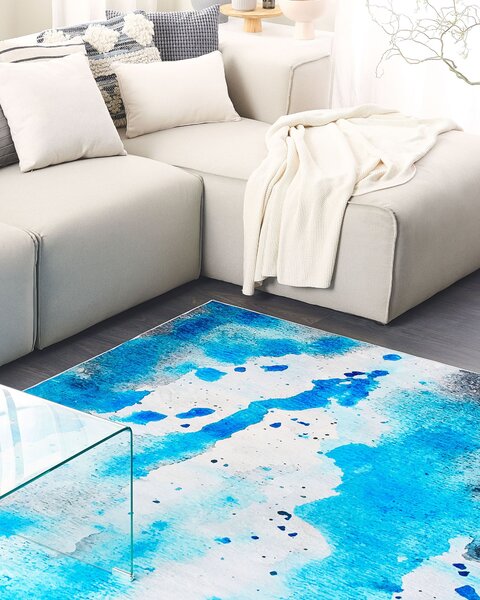 Koberec modrý a sivý 140 x 200 cm s abstraktným akvarelovým vzorom moderný dizajn