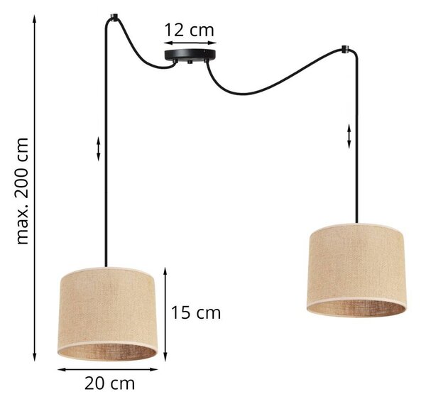 Závesné svietidlo Juta Spider, 2x jutové tienidlo, (výber z 2 farieb konštrukcie), (fi 20cm)