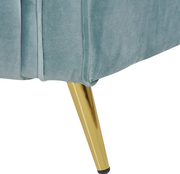 Kreslo mätovozelené zamatové čalúnenie zlaté kovové nohy zaoblené bočné opierky odnímateľný podsedák a operadlo retro štýl