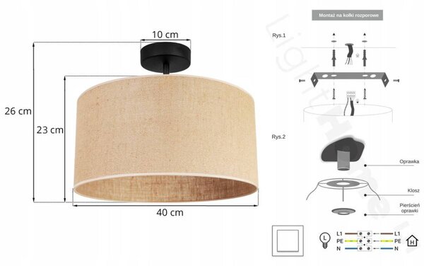 Stropné svietidlo Juta, 1x jutové tienidlo, (výber z 2 farieb konštrukcie), (fi 40cm)