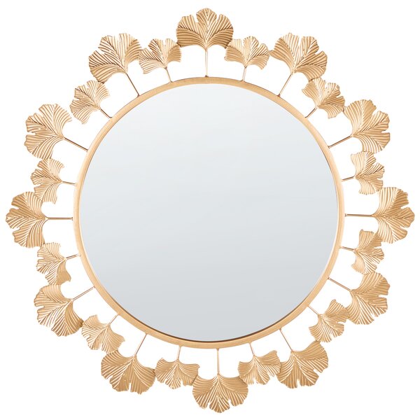 Nástenné zrkadlo zlaté kovové okrúhle 60 cm rám so vzorom listov elegantná obývacia izba spálňa glamour
