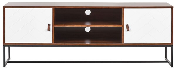 TV skrinka tmavé drevo biela MDF kov 55 x 150 x 40 cm TV stolík 2 police 2 skrinky úložný priestor moderný štýl obývačka