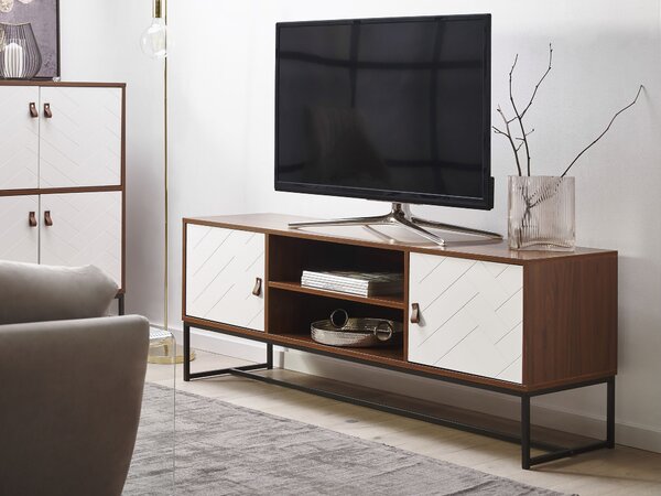 TV skrinka tmavé drevo biela MDF kov 55 x 150 x 40 cm TV stolík 2 police 2 skrinky úložný priestor moderný štýl obývačka