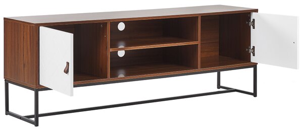 TV skrinka tmavé drevo biela MDF kov 55 x 150 x 40 cm TV stolík 2 police 2 skrinky úložný priestor moderný štýl obývačka