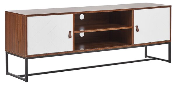 TV skrinka tmavé drevo biela MDF kov 55 x 150 x 40 cm TV stolík 2 police 2 skrinky úložný priestor moderný štýl obývačka