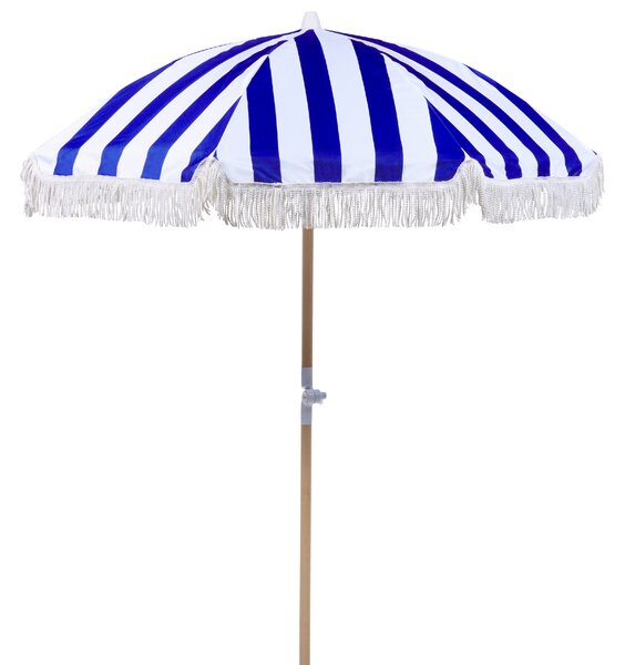 Záhradný slnečník modrý a biely polyester tyč z bukového dreva ⌀ 150 cm okrúhly retro dizajn nastaviteľný UV odolný