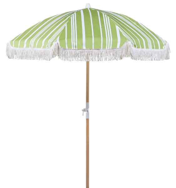 Záhradný slnečník zelený a biely polyester tyč z bukového dreva ⌀ 150 cm okrúhly retro dizajn nastaviteľný UV odolný