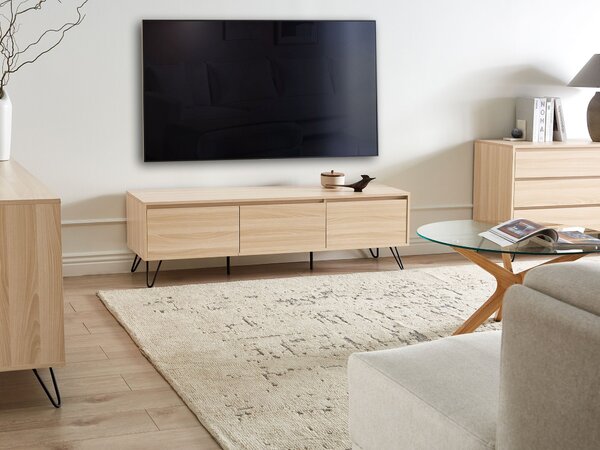 TV stolík svetlohnedý 150 cm drevotriesková doska 3 police minimalistický dizajn spálňa