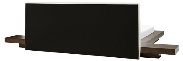 Posteľ v japonskom štýle tmavý jaseň 160 x 200 cm nízky drevený rám postele z MDF koženkové čelo LED podsvietenie nočné stolíky