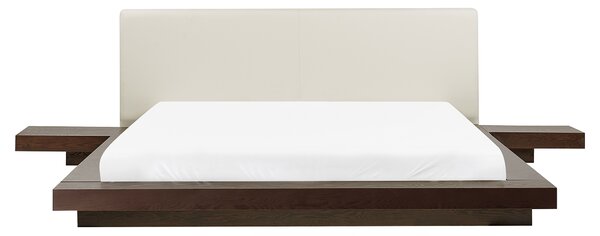 Posteľ v japonskom štýle tmavý jaseň 160 x 200 cm nízky drevený rám postele z MDF koženkové čelo LED podsvietenie nočné stolíky