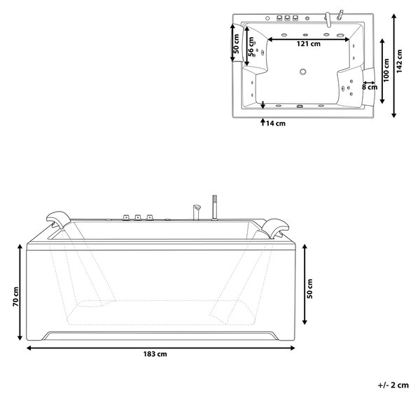 Vírivá vaňa biela akrylát 183 x 142 cm obdĺžnikový tvar s LED osvetlením pre 2 osoby opierky hlavy masážne trysky moderný štýl kúpeľňa