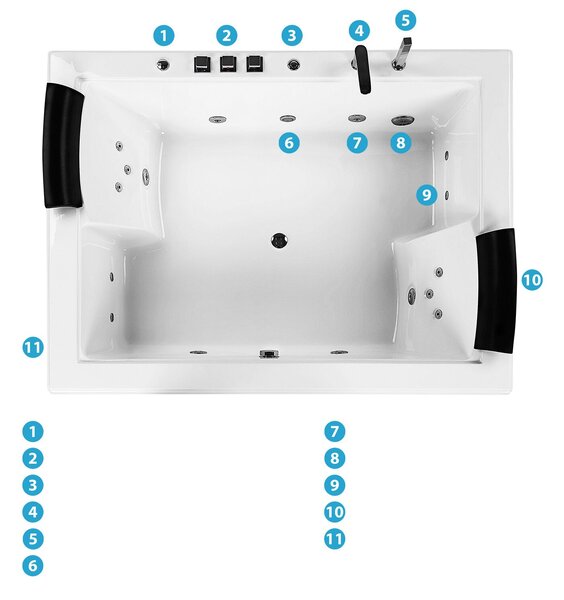 Vírivá vaňa biela akrylát 183 x 142 cm obdĺžnikový tvar s LED osvetlením pre 2 osoby opierky hlavy masážne trysky moderný štýl kúpeľňa