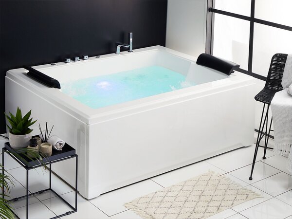 Vírivá vaňa biela akrylát 183 x 142 cm obdĺžnikový tvar s LED osvetlením pre 2 osoby opierky hlavy masážne trysky moderný štýl kúpeľňa