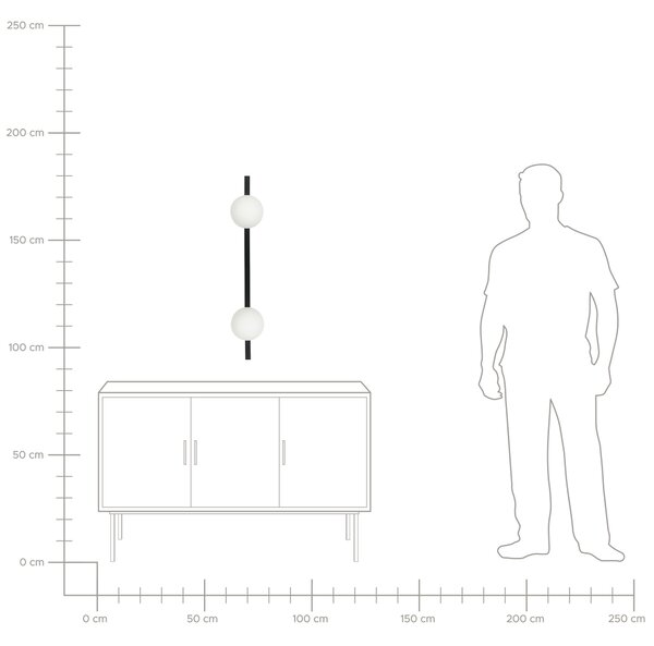 Nástenná lampa čierna kovová železná 85 cm 2 guľaté biele tienidlá osvetlenie do spálne obývačky moderný štýl