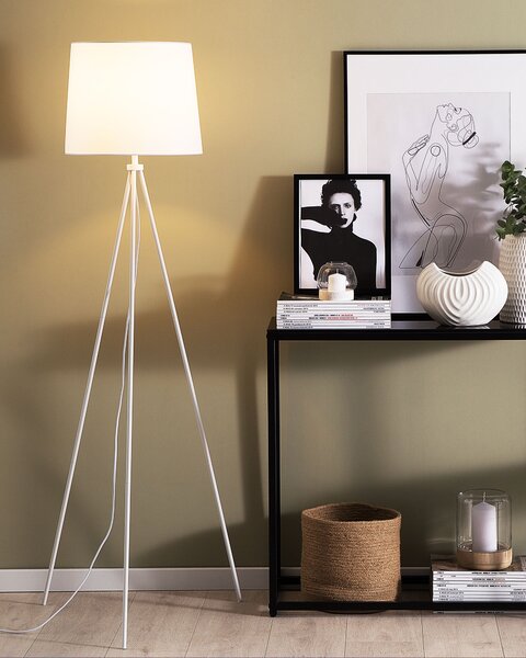 Stojaca lampa biela kov zmes bavlny a polyesteru 149 cm statívový podstavec látkové tienidlo kábel moderný retro dizajn obývačka spálňa