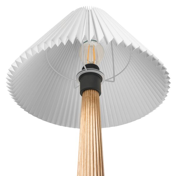 Stojaca lampa prírodná kaučukové drevo biele látkové tienidlo industriálny štýl spálňa obývacia izba