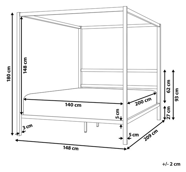 Rám postele s baldachýnom biely kov 140 x 200 cm dvojlôžko preglejkové lamely industriálny minimalistický štýl spálňa
