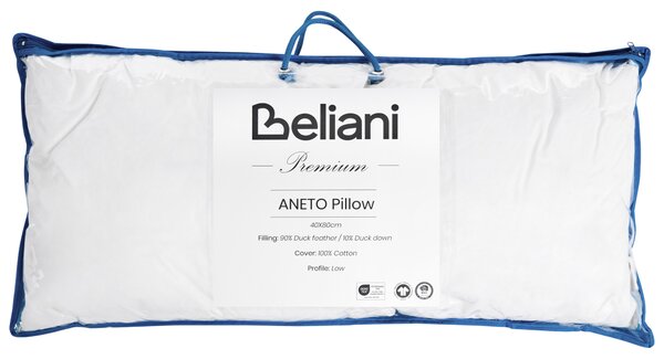 Vankúš na spanie biely nízky kačacie perie a páperie 40 x 80 cm prémiový bavlnený poťah prírodná výplň