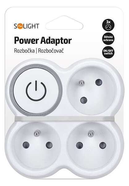 SOLIGHT Rozbočovač, 3x 10A, biela-šedá, vypínač