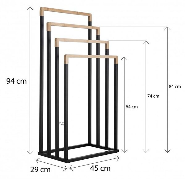 Erga Kona, štvorramenný vešiak na uteráky 45x29x94 cm, čierna matná-hnedá, ERG-YKA-P.KONA-4-BLK