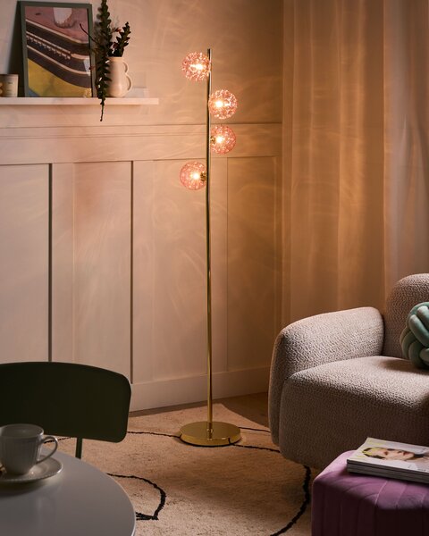Stojaca lampa ružové sklenené tienidlá zlatý kovový podstavec glamour moderný štýl obývacia izba spálňa