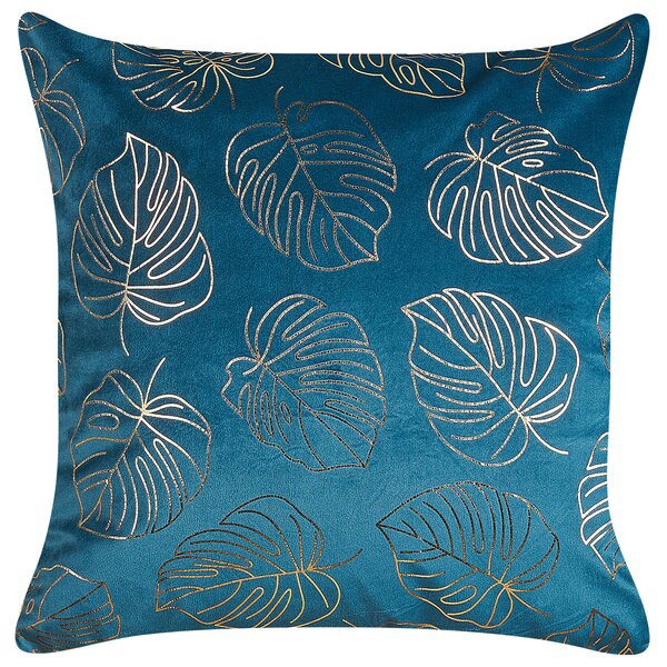 Sada 2 dekoratívnych vankúšov modrá zamat 45 x 45 cm zlatá potlač listov monstery elegantný glamour štýl doplnky
