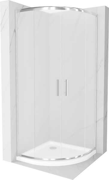Mexen Rio, štvrťkruhový sprchovací kút s posuvnými dverami 90 x 90 cm, 5mm sklo námraza, chrómový profil + biela sprchová vanička, 863-090-090-01-30-4110