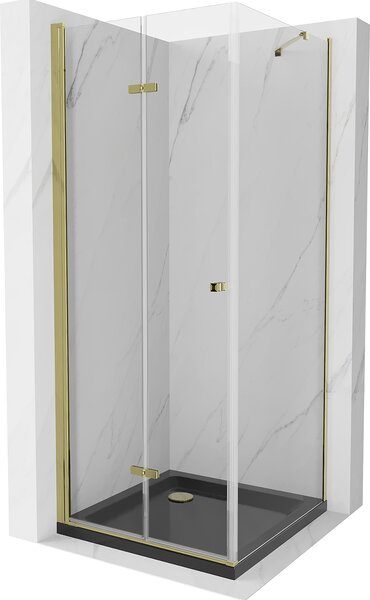 Mexen Lima, sprchový kút so skladacími dverami 80 (dvere) x 80 (stena) cm, 6mm číre sklo, chrómový profil + slim sprchová vanička čierna + zlatý sifón, 856-080-080-50-00-4070G