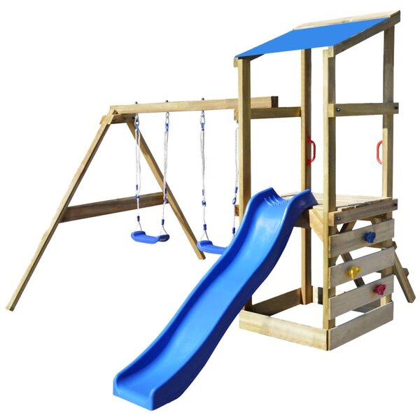 Drevené detské ihrisko s rebríkom, šmýkalkou a húpačkami, 290x260x235 cm