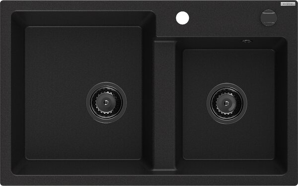 Mexen Tomas, granitový drez 800x500x190 mm, 2-komorový, čierna s čiernym sifónom, 6516802000-77-B