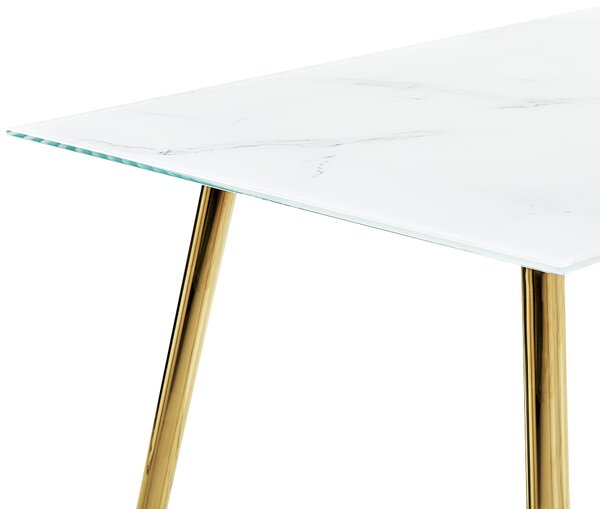 Jedálenský stôl biely mramorový efekt doska z tvrdeného skla 120 x 70 cm zlaté kovové nohy lesklý povrch obdĺžnikový glamour
