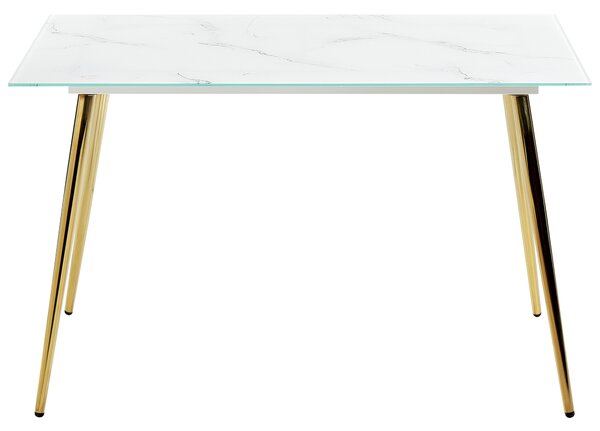Jedálenský stôl biely mramorový efekt doska z tvrdeného skla 120 x 70 cm zlaté kovové nohy lesklý povrch obdĺžnikový glamour